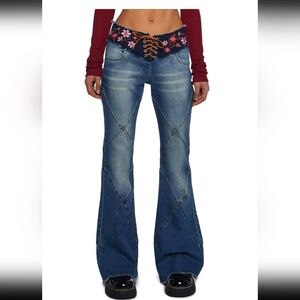 dELiA*s Floral Embroidered Lace-Up Blue Flare Jeans